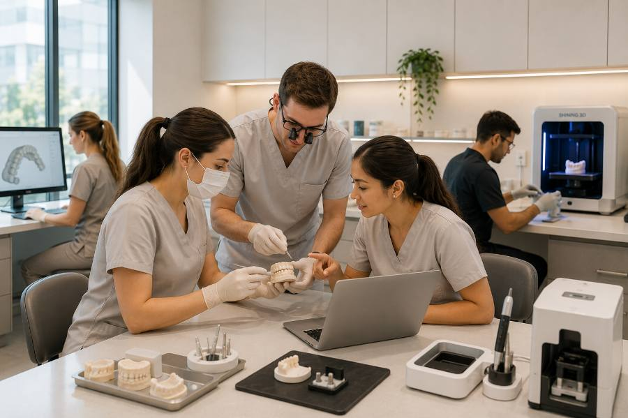 Dental students reviewing case notes on a laptop