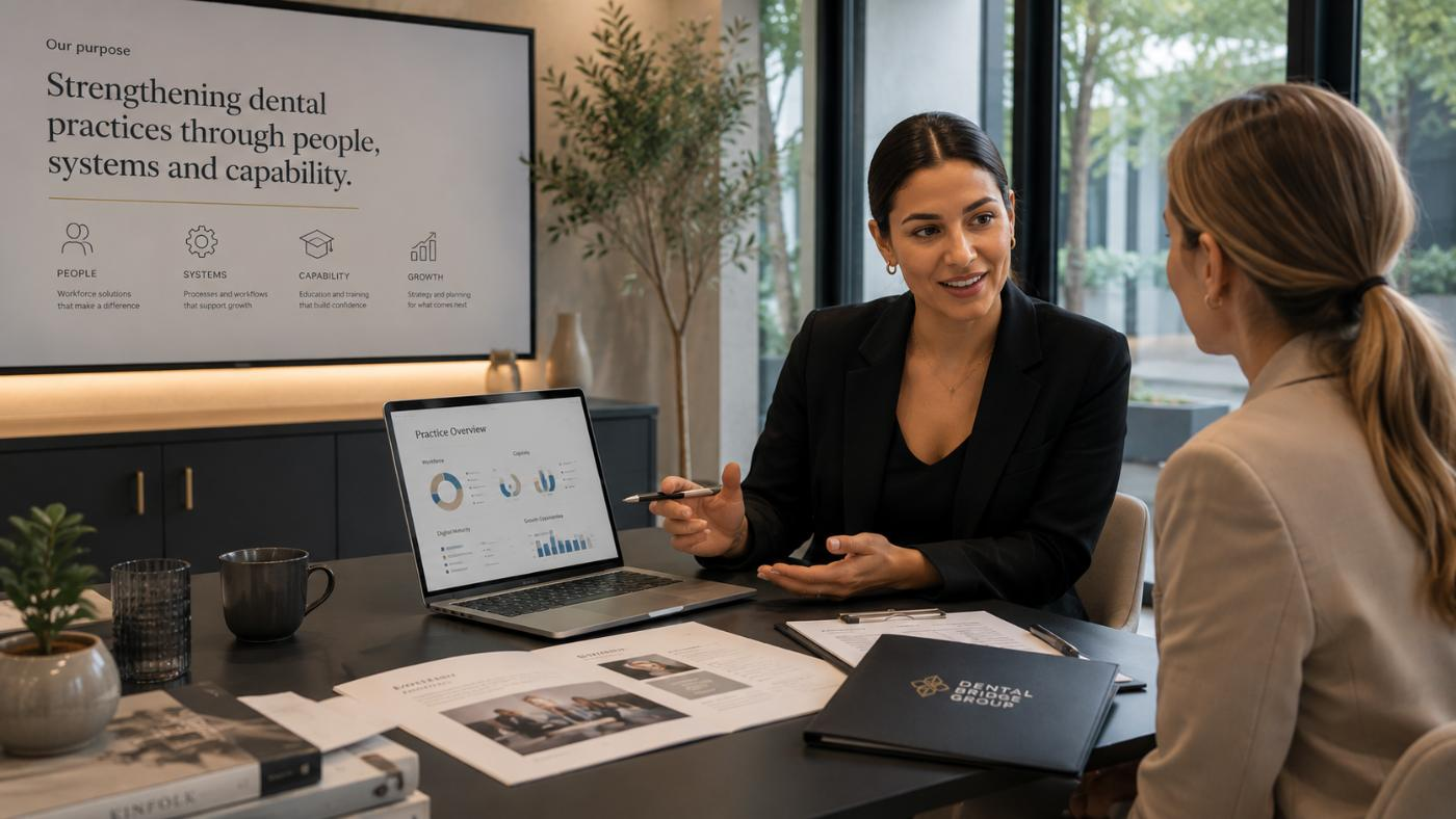 Two dental practice professionals reviewing performance data on a laptop during a consultation