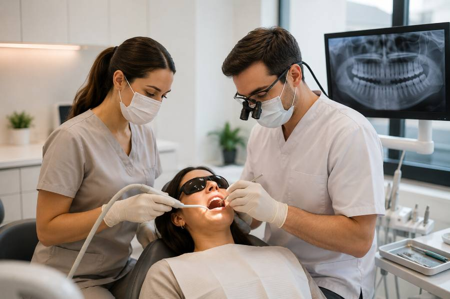 Dental clinicians treating a patient in a modern surgery