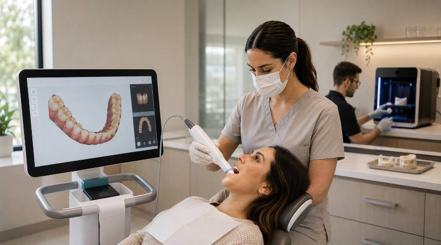 Dental assistant reviewing a digital scan on a chairside monitor
