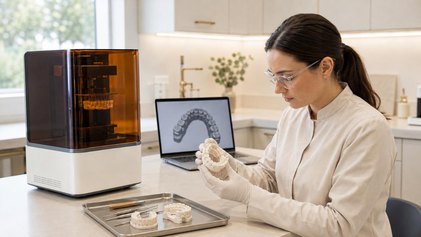 Dental technician reviewing a printed dental model beside a 3D printer