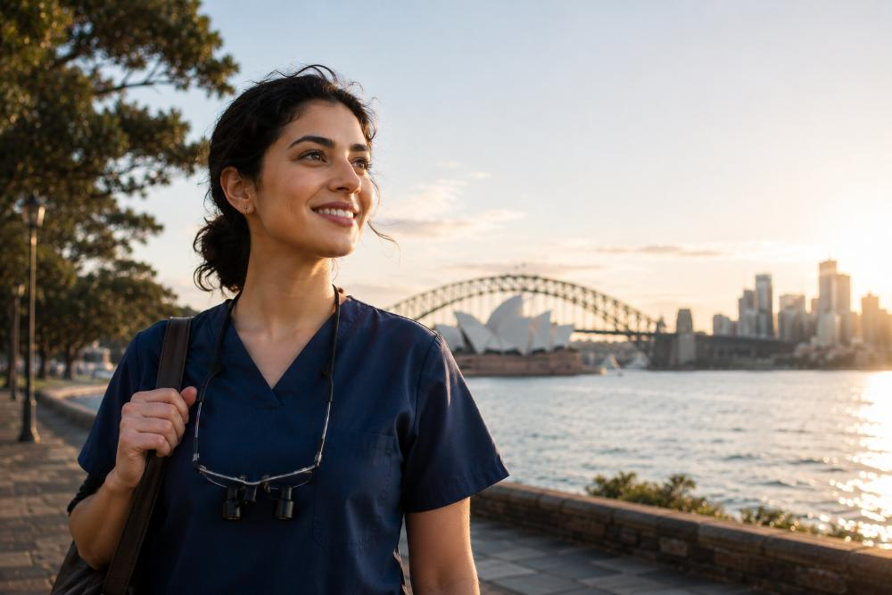 Internationally trained dental professional in scrubs standing by Sydney Harbour